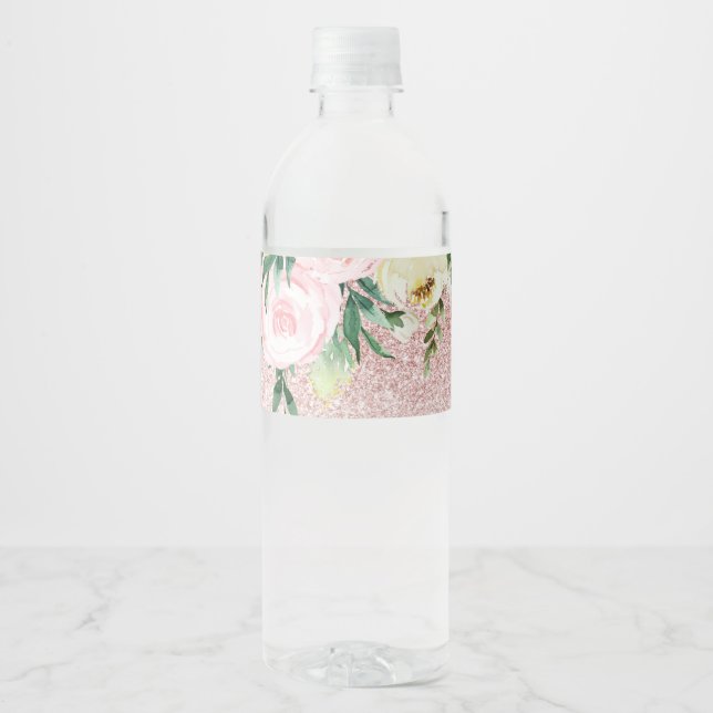 Moderne rosa Glitzer & Pasta Blume Sparkle Geschen Wasserflaschenetikett (Vorderseite)