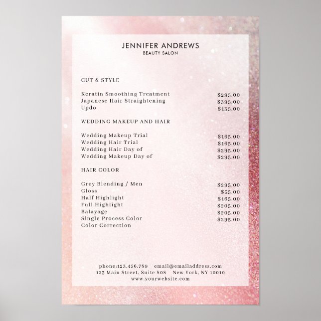 Moderne Rosa Glitzer Salon Preisliste Poster (Vorne)