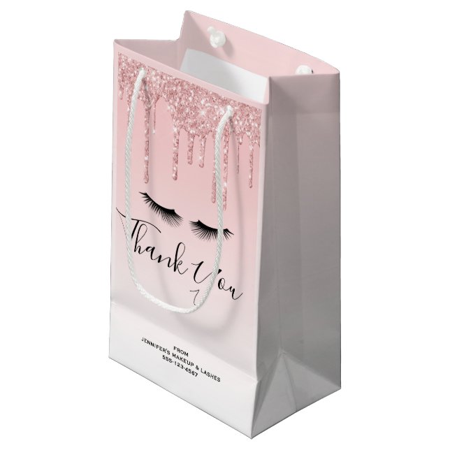 Moderne Rosa Glitzer Tropfen & Eyelashes Kleine Geschenktüte (Vorderseite Schrägansicht)