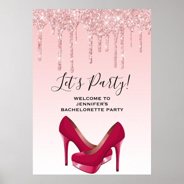 Moderne rosa Glitzer Tropfen & Heelse Bachelorette Poster (Vorne)