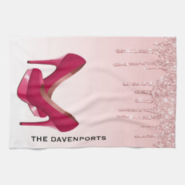 Moderne rosa Glitzer-Tropfen & High Heels Geschirrtuch