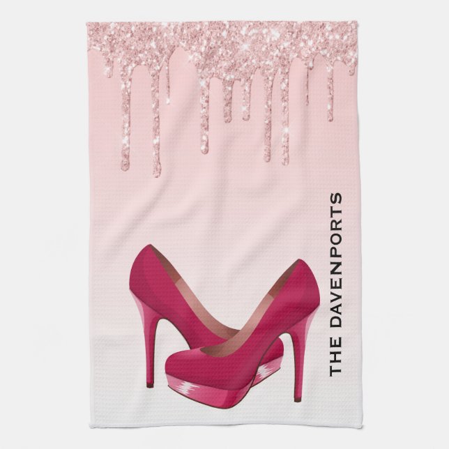 Moderne rosa Glitzer-Tropfen & High Heels Geschirrtuch (Vertikal)