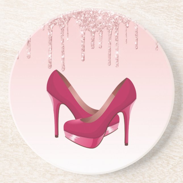 Moderne rosa Glitzer-Tropfen & High Heels Getränkeuntersetzer (Vorne)