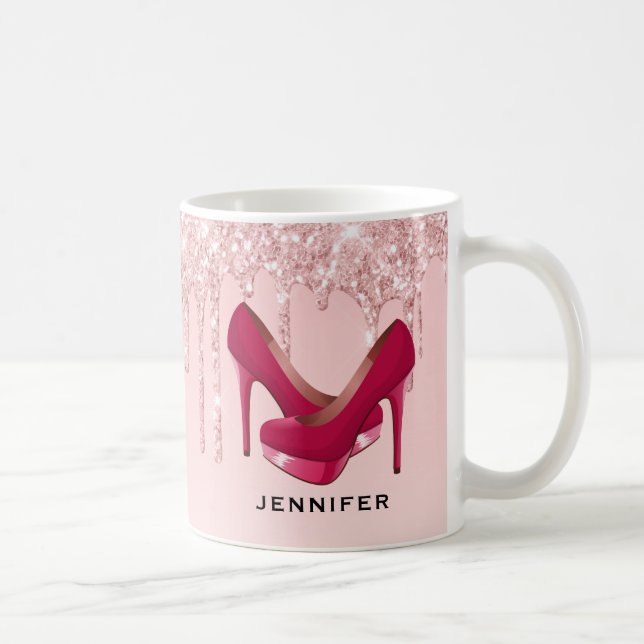 Moderne rosa Glitzer-Tropfen & High Heels Kaffeetasse (Rechts)