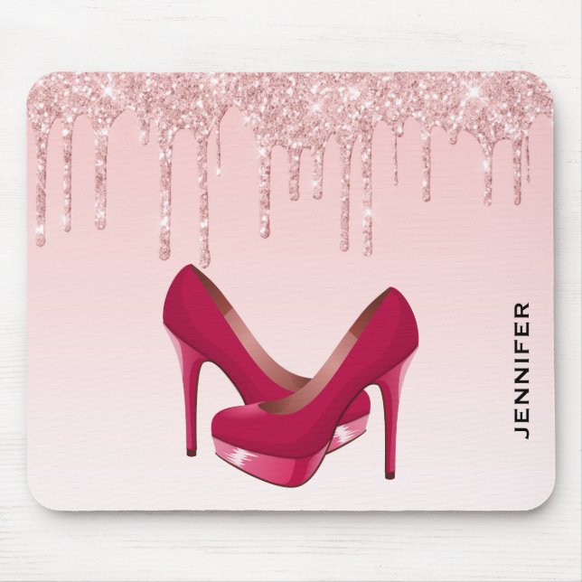 Moderne rosa Glitzer-Tropfen & High Heels Mousepad (Vorne)