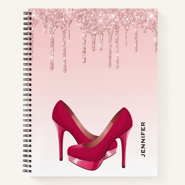 Moderne rosa Glitzer-Tropfen & High Heels Notizbuch (Vorderseite)