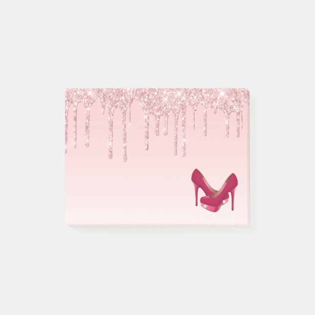 Moderne rosa Glitzer-Tropfen & High Heels Post-it Klebezettel (Vorderseite)