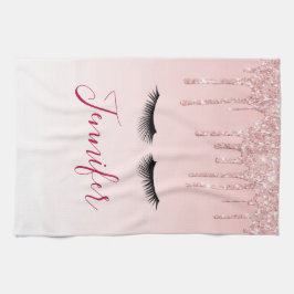 Moderne rosa Glitzer Tropfen und Black Eyelashes Geschirrtuch