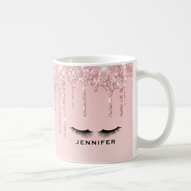 Moderne rosa Glitzer Tropfen und Black Eyelashes Kaffeetasse (Rechts)