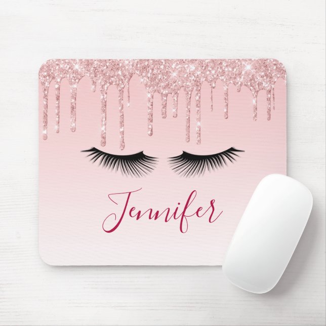 Moderne rosa Glitzer Tropfen und Black Eyelashes Mousepad (Mit Mouse)