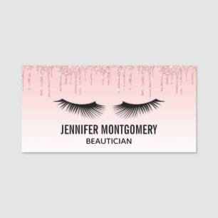 Moderne rosa Glitzer Tropfen und Black Eyelashes Namensschild