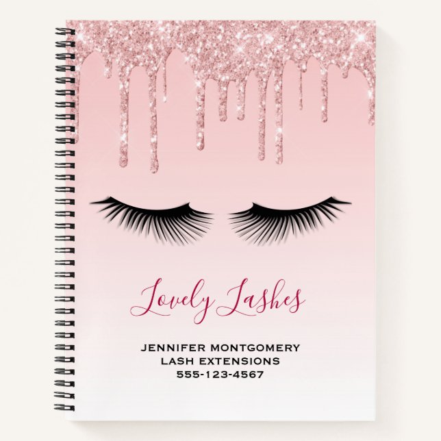 Moderne rosa Glitzer Tropfen und Black Eyelashes Notizbuch (Vorderseite)