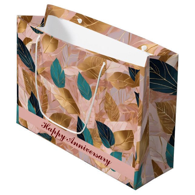 Moderne Rosa Gold Boho Blätter Collection Große Geschenktüte (Vorderseite Schrägansicht)