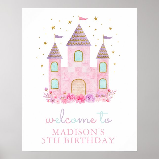 Moderne Rosa Gold Prinzessin Burg Geburtstag Willk Poster (Vorne)