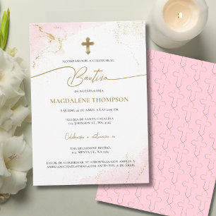 Moderne rosa goldene Kreuz Mädchen Taufe Bautizo Einladung