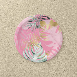 Moderne rosa & goldene tropische Blätter Geburtsta Pappteller