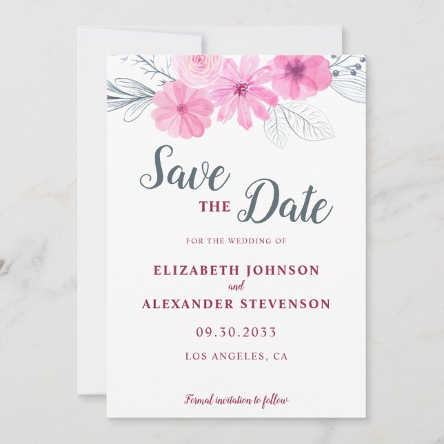 Moderne rosa graue Aquarellfarben Blume Frühjahrsh Save The Date (Vorderseite)