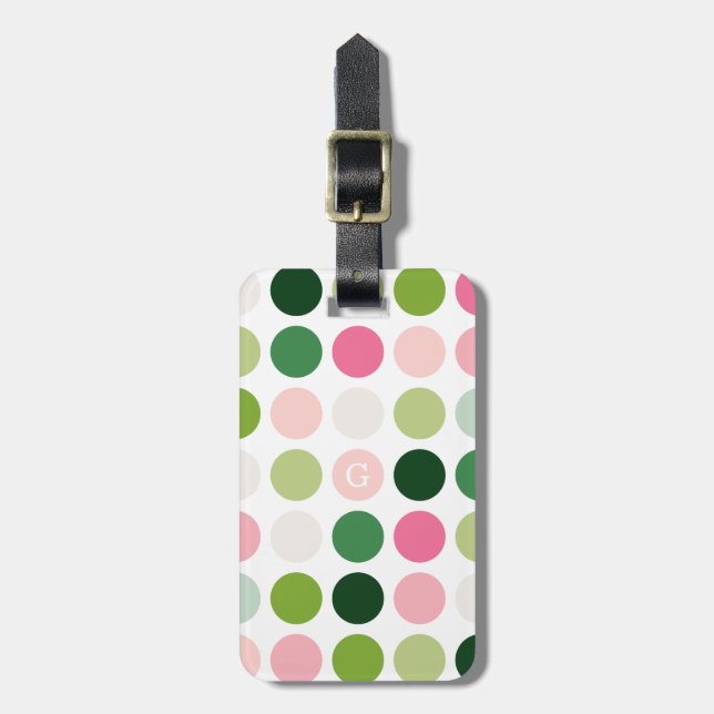 Moderne rosa grüne Polka-Punkte Muster Monogramm Gepäckanhänger (Vorderseite vertikal)