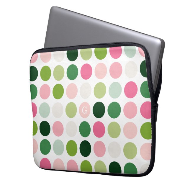 Moderne rosa grüne Polka-Punkte Muster Monogramm Laptopschutzhülle (Vorderseite Links)