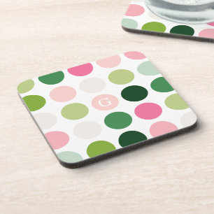 Moderne rosa grüne Punkte Muster Monogramm Getränkeuntersetzer
