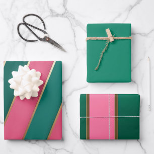 Moderne rosa, grüne und goldene Streifen Geschenkpapier Set