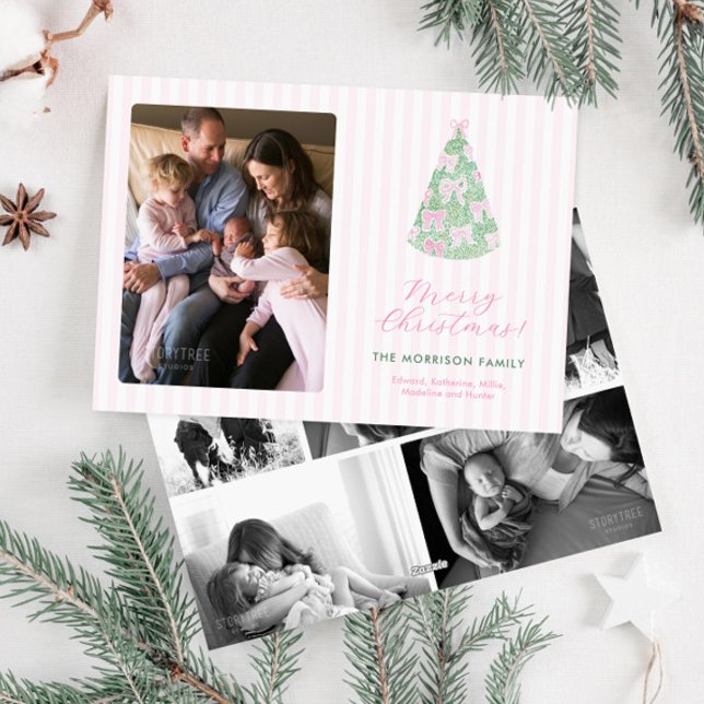 Moderne rosa grüne Wasserfarbe Bögen Weihnachten F (Whimsical pink and green bows hand-drawn hand-painted watercolor photo collage christmas card)