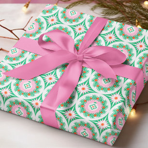 Moderne rosa grüne Weihnachtsgirlande geometrisch Geschenkpapier