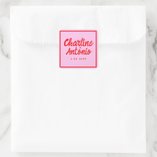Moderne Rosa Handschrift Retro Hochzeit Quadratischer Aufkleber