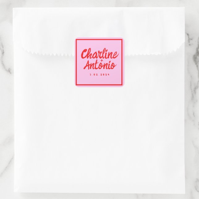 Moderne Rosa Handschrift Retro Hochzeit Quadratischer Aufkleber (Tasche)
