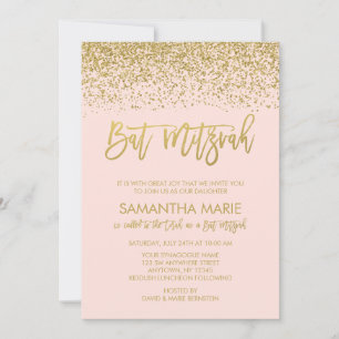 Moderne rosa Imitat Gold Glitzer Bat Mitzvah Einladung