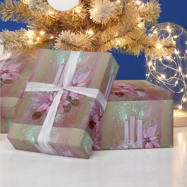 Moderne rosa Kerzen und Poinsettia im Mittelalter Geschenkpapier (Feiertage)