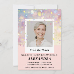 Moderne rosa Konfetti-Foto 87. Geburtstag Einladung