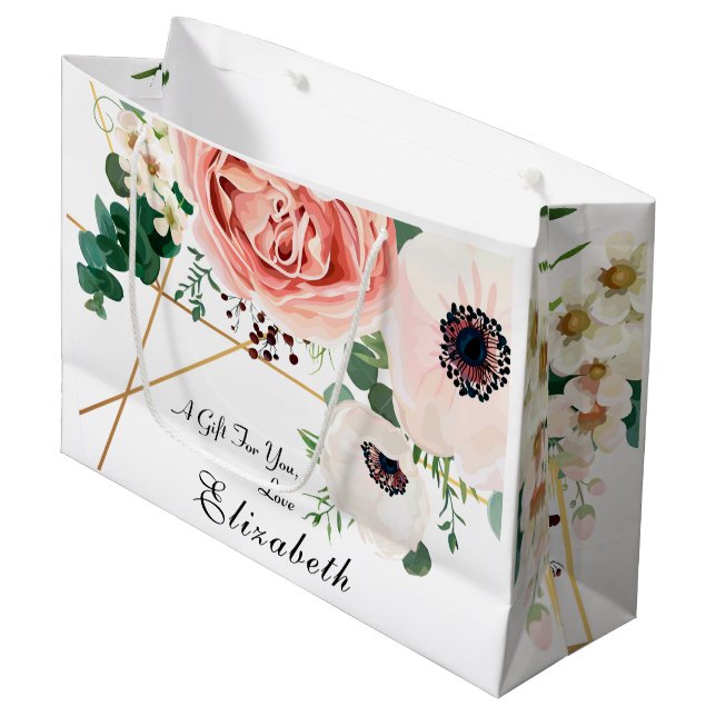 Moderne rosa Koralle, botanisch floral Große Geschenktüte (Vorderseite Schrägansicht)
