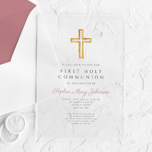 Moderne rosa Kreuz religiöses Mädchen Erste Kommun Acryleinladungen