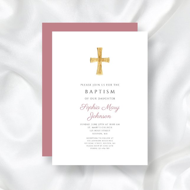 Moderne rosa Kreuzreligiöse Mädchentaufe Einladung (Modern Dusty Pink Cross Religious Girl Baptism Invitation)