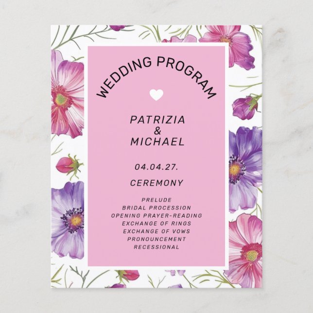 Moderne rosa lila Blumen-Hochzeitsprogramm Flyer (Vorne)