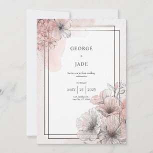 Moderne rosa Linienkunst Blumenhochzeit Einladung