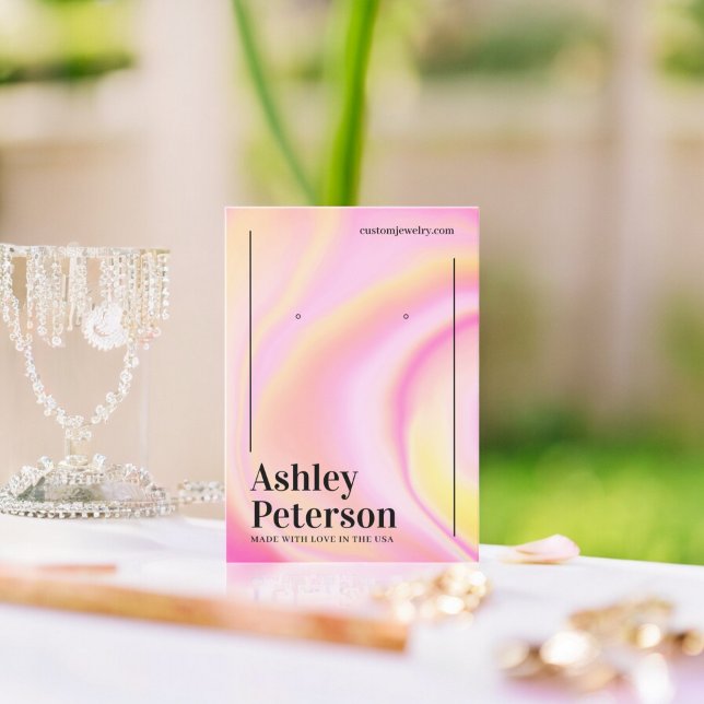 Moderne Rosa-Marmor-Regenbogen-Drehbuch Ohrring-An Visitenkarte (Modern pink marble rainbow script earring display business card)