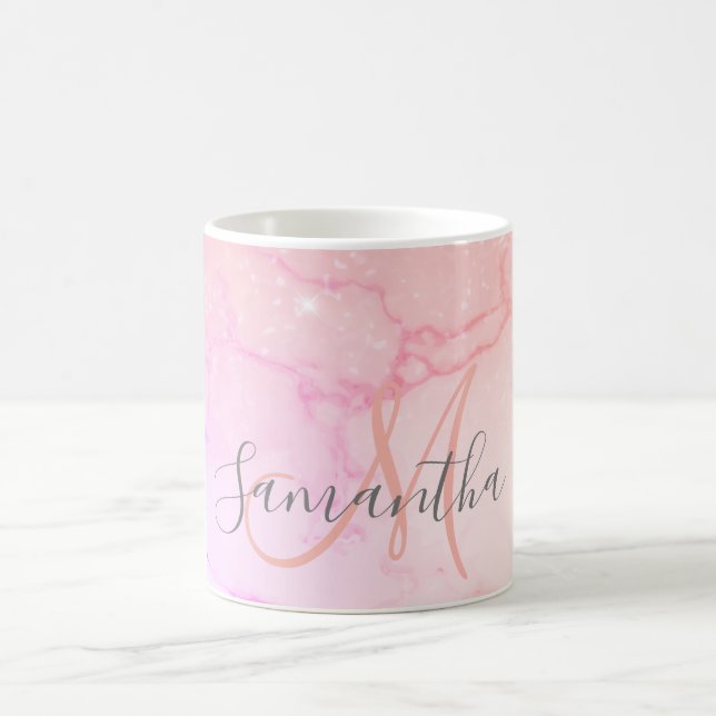 Moderne rosa Marmor- und Glitzer-Glitzern Name Kaffeetasse (Mittel)
