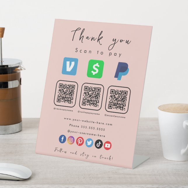 Moderne rosa Multi QR Code Paypal Venmo Cash App Sockelschild (In SItu)