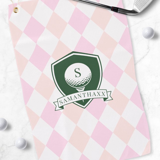 Moderne rosa Muster grüne Golfball Namensmonogramm Golfhandtuch (Modern Pink Pattern Green Golf Ball Name Monogram Towel)