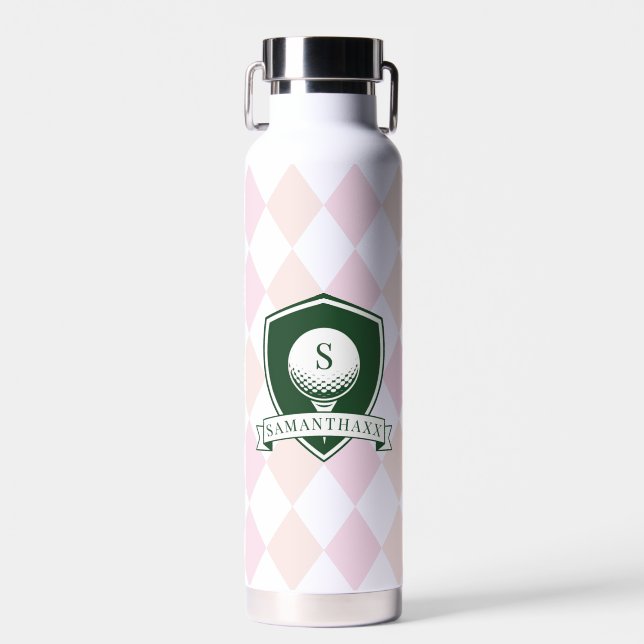 Moderne rosa Muster grüner Golfer Name Monogramm Trinkflasche (Vorne)