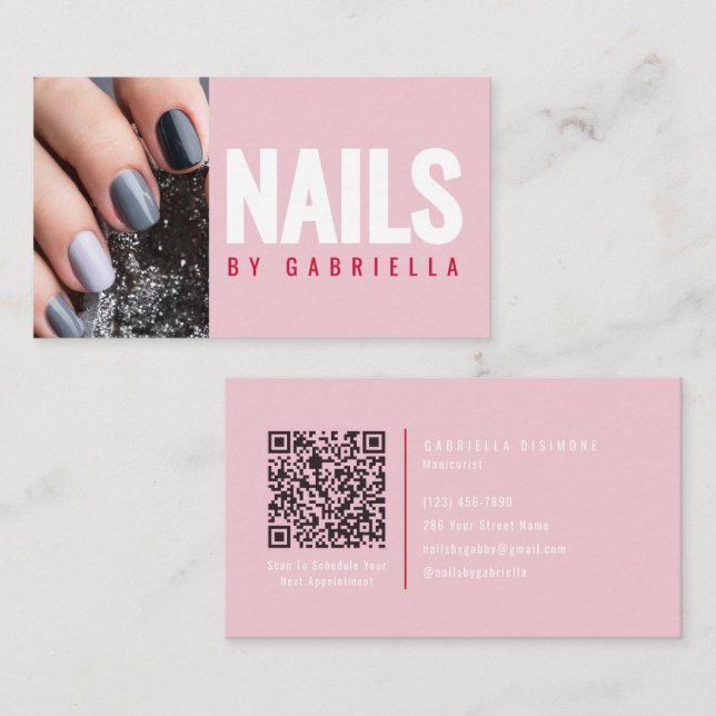 Moderne rosa Nageltechniker-QR-Code-Foto Visitenkarte (Vorne/Hinten)