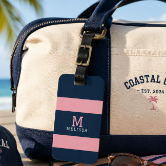 Moderne rosa-navyblaue Küstenstreifen-Monogramm Gepäckanhänger