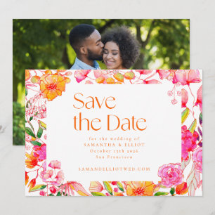 Moderne rosa orange Blumen Hochzeitsfoto Rückseite Save The Date