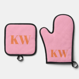 Moderne rosa-orange Monogramm Anfangsbuchstaben pe Ofenhandschuh & Topflappen-Set