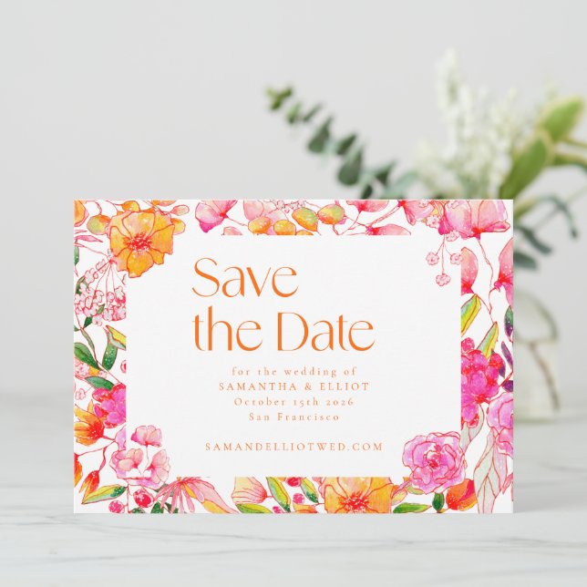 Moderne rosa orangefarbene Blume Einfache Hochzeit Save The Date (Stehend Vorderseite)