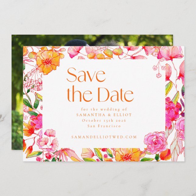 Moderne rosa orangefarbene Blume Hochzeitsstift Fo Save The Date (Vorne/Hinten)