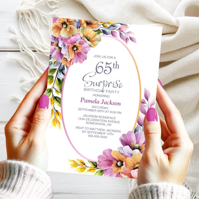 Moderne rosa orangefarbene Blumenüberraschung 65.  Einladung (Von Creator hochgeladen)