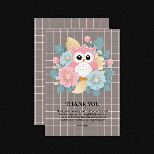 Moderne rosa Owl Blütendusche & Grid Baby Dusche Dankeskarte